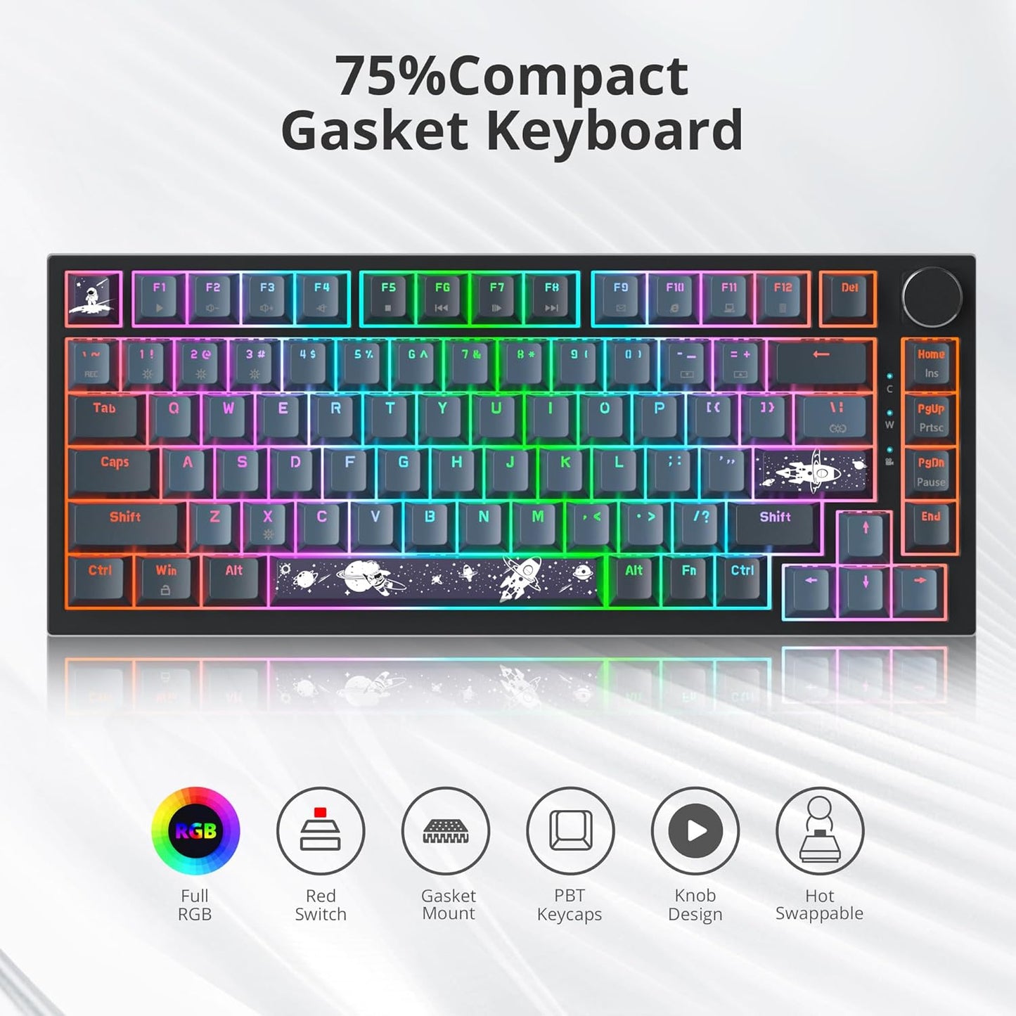 75% Wired Creamy Keyboard, Hot Swappable Mechanical Gaming Keyboard with Gasket Mounted, RGB Backlit, Red Switch, Knob Control for Win Pc Laptop(82 Blue)