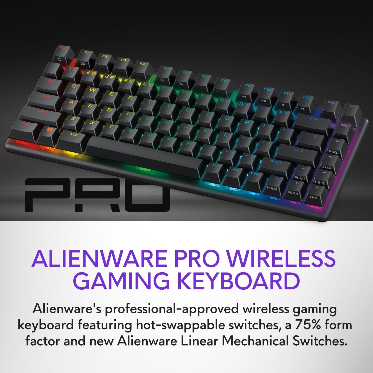 Alienware Pro Wireless Gaming Keyboard - Bluetooth 5.1/2.4 GHz Radio Frequency Connectivity, Linear Mechanical, Hot-swappable switches, Tri mode connectivity, Adjustable Height - Dark Side of the Moon