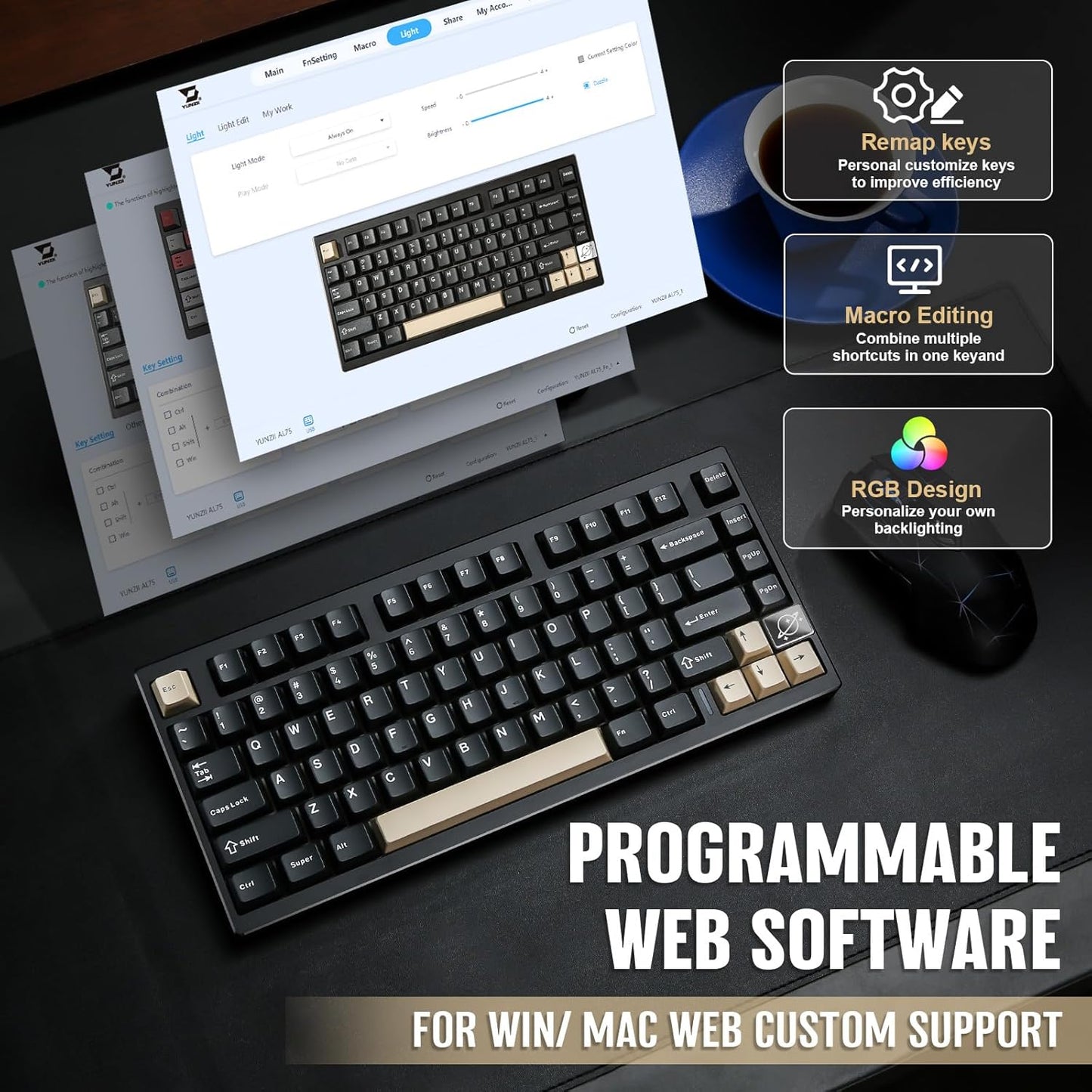 YUNZII AL75 PRO 75% Wireless Mechanical Gaming Keyboard,Full Aluminum CNC,BT/2.4G/Wired,PBT Keycaps,Gasket Mounted Hot Swap,Custom RGB Backlight, Programmable for Mac/Win (Black, Cocoa Cream V2)