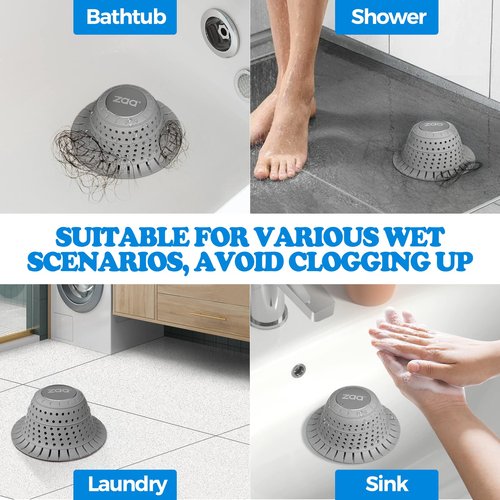 zaa Bathtub Drain Hair Catcher, Premium Silicone Shower Hair Catcher, 1Pack Collapsible Hair Stopper for Pop Up and Regular Drains of Shower, Bathtub, Bathroom, Sink, Shower Parts, Gray