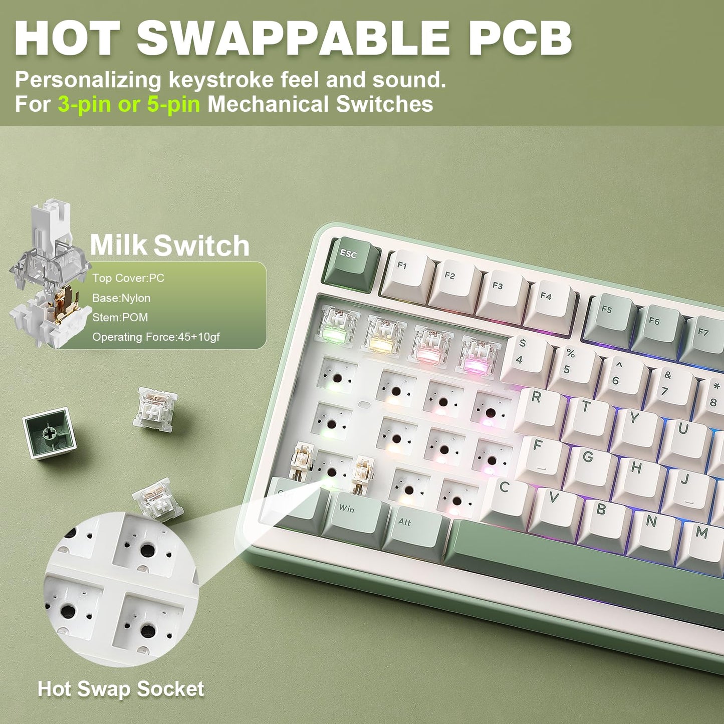 YUNZII B75 PRO Wireless Mechanical Keyboard,75% Layout with Knob,Hot Swap Gasket Structure,Creamy Pre-lubed Switches,RGB Backlit,Bluetooth/Type-C/2.4G for Win/Mac (Matcha Green, Milk Switch)