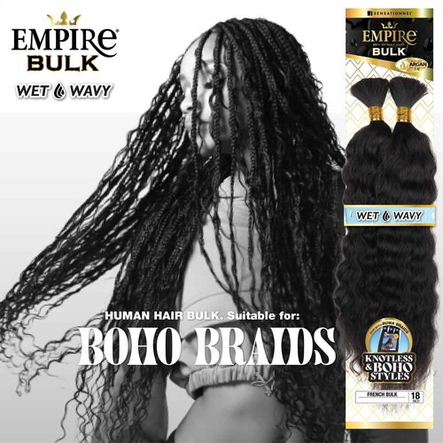 Sensationnel Empire bulk braiding – wet and wavy french 18 inch human hair braids for knotless boho box or curly loose wave styles (18 inch, 1B OFFBLACK)