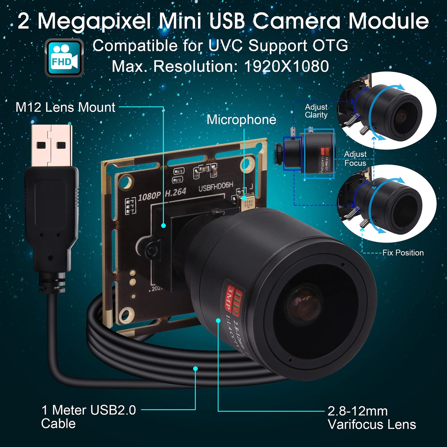 ALPCAM 1080P USB Camera Module, 0.01Lux Low Light Camera with 2.8-12mm Varifocal Lens H.264 2MP CMOS IMX323 UVC Industrial Webcam Board for Window Linux Android Mac OS