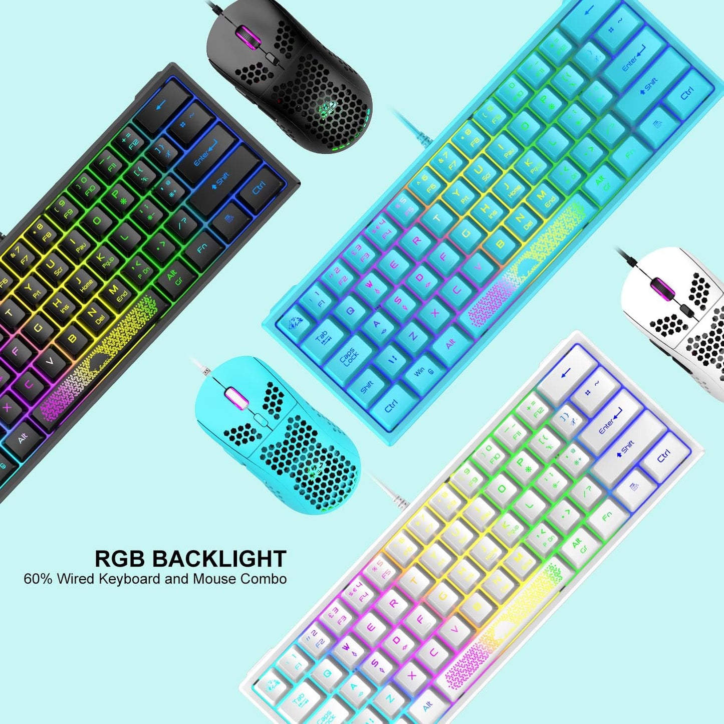 60% Gaming Keyboard and Mouse Combo Small Mini RGB Backlight Mechanical Feeling and Mechanical RGB 6400 DPI Honeycomb Optical Mouse,Gaming Mouse pad for Gamers and Typists Black