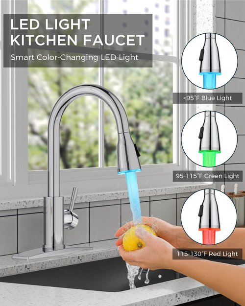 FORIOUS LED Kitchen Faucet with Pull Down Sprayer, Chrome Single Handle Stainless Steel Traditional Sink Faucets with LED Light Sprayer Head, Suitable for Farmhouse Laundry Camper Rv Bar