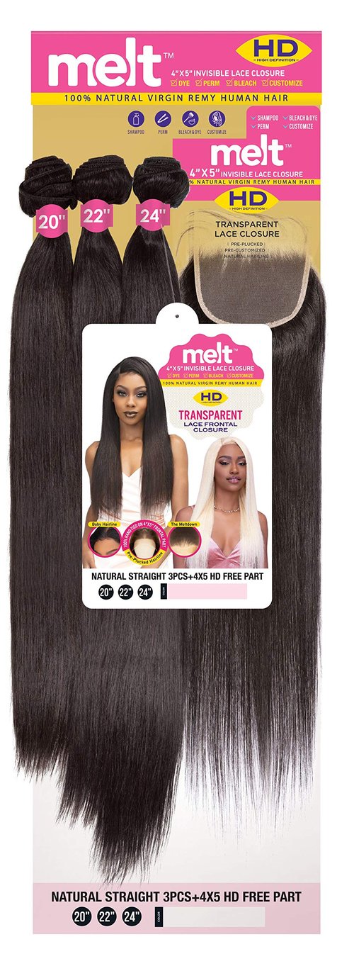 Janet melt 4x5 Invisible Lace Closure HD Free Part Transparent Lace Frontal Closure Natural Virgin Remy Human Hair MELT CLOSURE NATURAL STRAIGHT 3PCS (12"14"16", NATURAL)