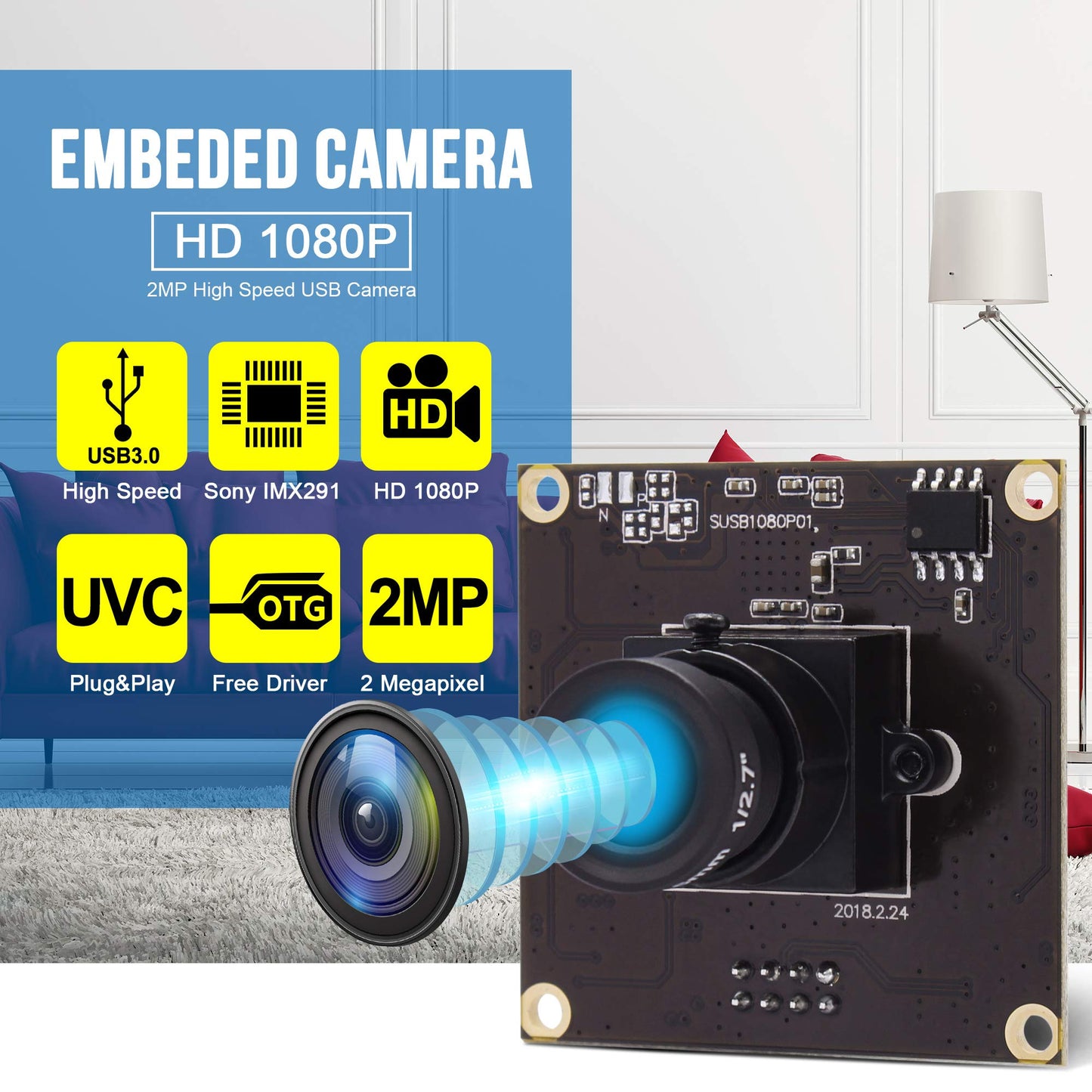 ALPCAM High Speed USB 3.0 USB Camera Module,High Definition 1280 * 1080@50fps USB Camera,2MP Webcam Full HD 1080P USB Camera with IMX291 Sensor,Plug&Play USB Webcam gor Windows,Linux,Raspberry Pi