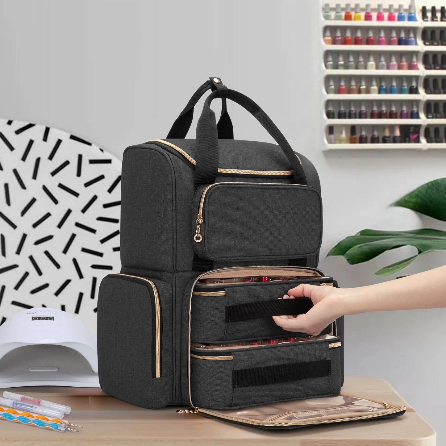 LUXJA Nail Polish Organizer (Backpack Version) Holds 70 Bottles and a Nail Lamp, Travel Nail Bag with 2 Removable Cases and Tools Storage Pockets (Patent Pending), Black