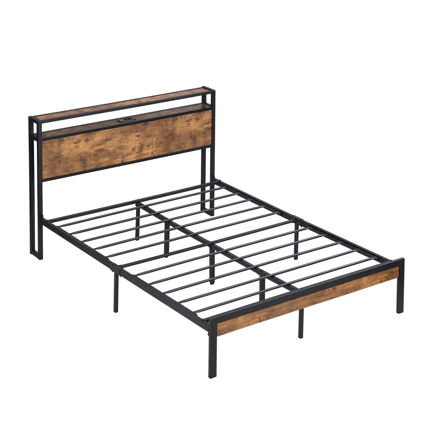 King Size Metal Platform Bed Frame with Wooden Headboard & USB
