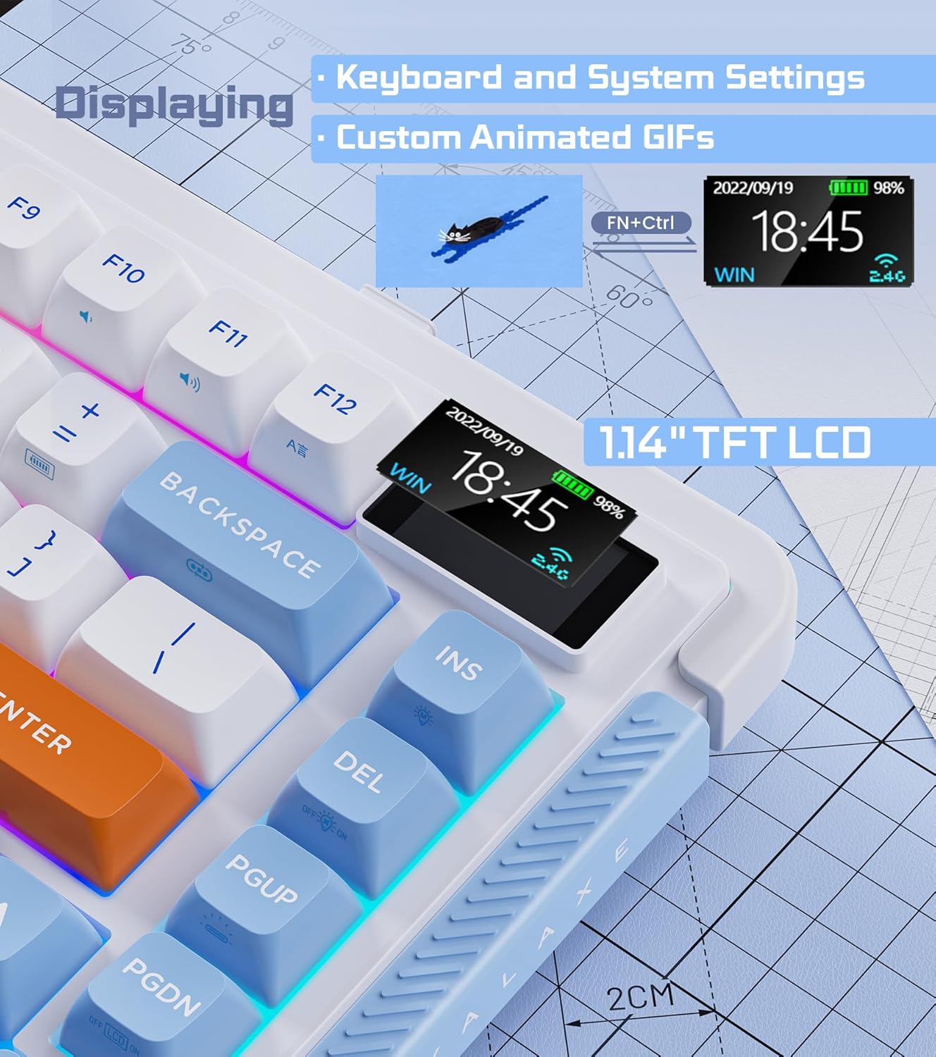75% Wireless Mechanical Keyboard, Hot-swappable Wired/Bluetooth 5.0/2.4G Wireless Keyboard with RGB Light for Windows & Mac, PBT Keycaps, TTC Titan Heart Switch, Navy White