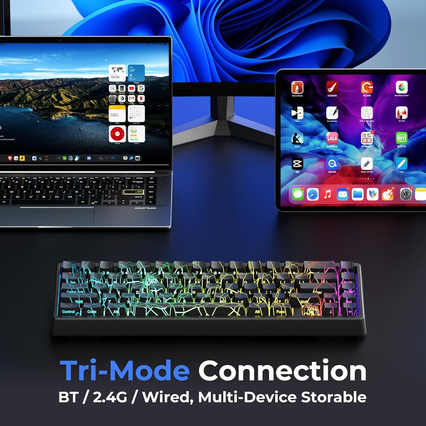 XVX M67 Wireless 60% Percent Keyboard, QMK/VIA Topographic Gaming Keyboard, Tri-Mode Thocky Creamy Mechanical Key Board, Hot Swappable Gasket Mount RGB IMD Tech for Win/Mac, Miami Theme, White