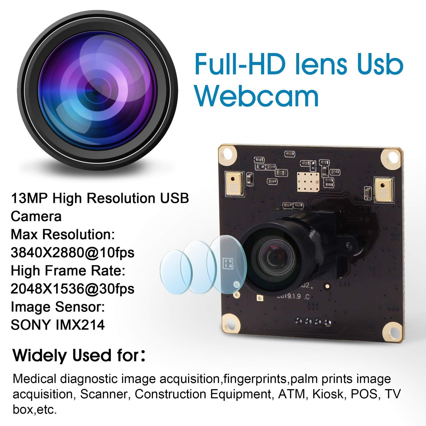 13mp Wide Angle USB Camera Module with Microphone for Computer 100degree No Distortion Lens Webcam Board Mini UVC USB2.0 PC Camera Industrial Video Audio USB with Camera for Raspberry Pi Laptop