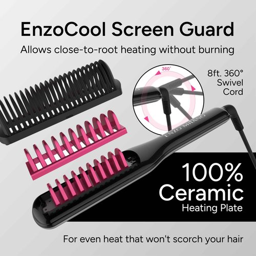 Enzo Milano - SX ENZOcool Professional 2-in-1 Hot Comb for Thick and Thin Hair, Close-to-Root Heating Straightener & Curler for Wavy Styles