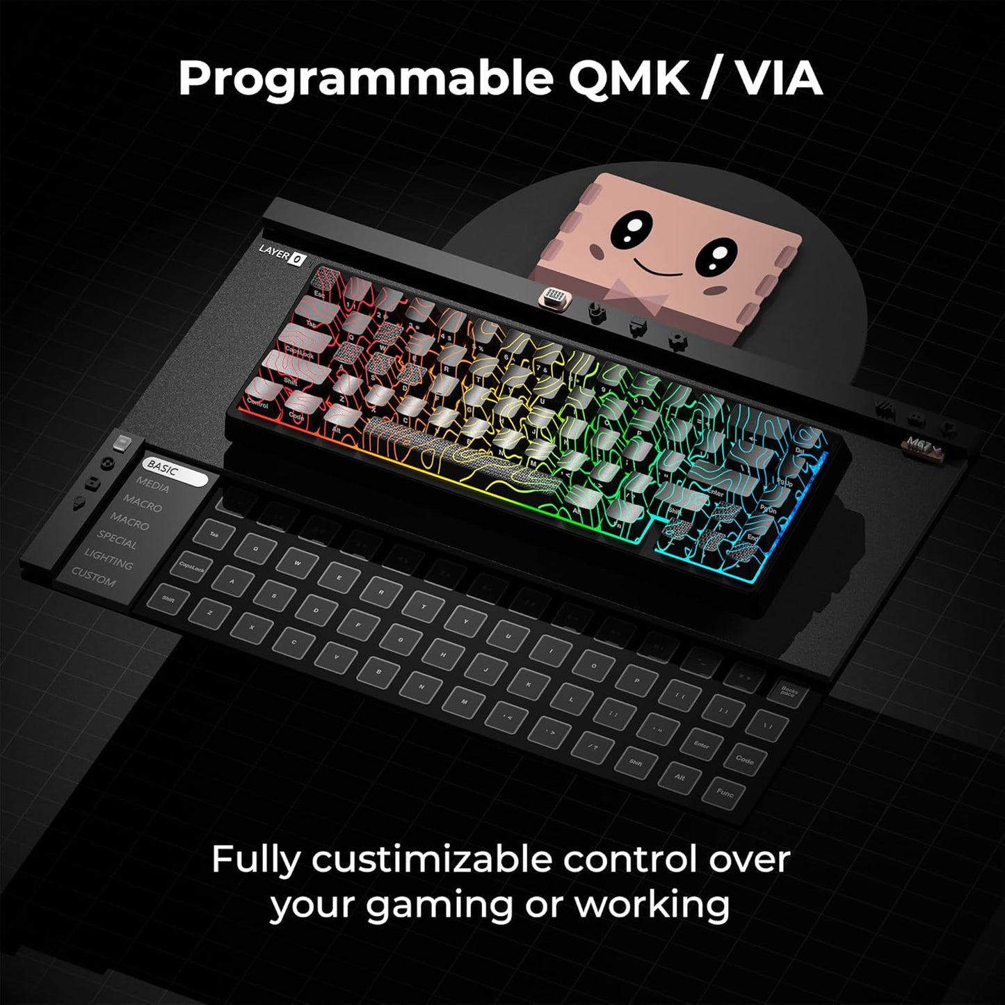 XVX M67 Wireless 60% Percent Keyboard, QMK/VIA Topographic Gaming Keyboard, Tri-Mode Thocky Creamy Mechanical Key Board, Hot Swappable Gasket Mount RGB IMD Tech for Win/Mac, Miami Theme, White