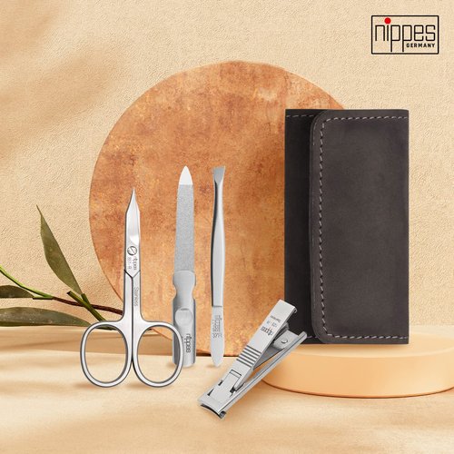 nippes Solingen Premium Line Tabard Manicure Set, 4 Pieces, Black, Stainless Steel, Nickel and Rustproof, Cowhide Nail Case, Nail Care Set, Made in Germany
