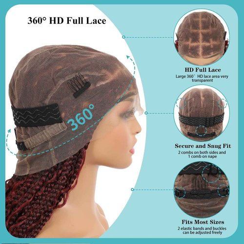 Kalyss HD Full Lace Boho Braided Wigs for Women 360 Lace Front Box Braided Wigs with Baby Hair Burgundy Red Premium Synthetic Knotless Braid Wig 36"