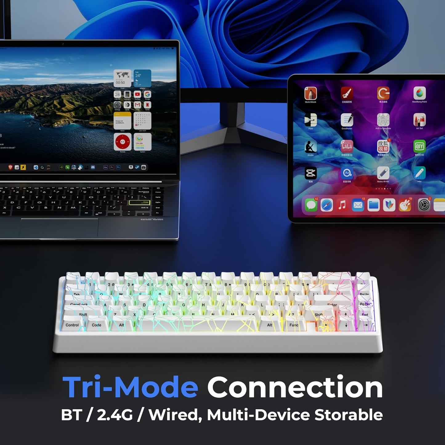 XVX M67 Wireless 60% Percent Keyboard, QMK/VIA Topographic Gaming Keyboard, Tri-Mode Thocky Creamy Mechanical Key Board, Hot Swappable Gasket Mount RGB IMD Tech for Win/Mac, Miami Theme, White