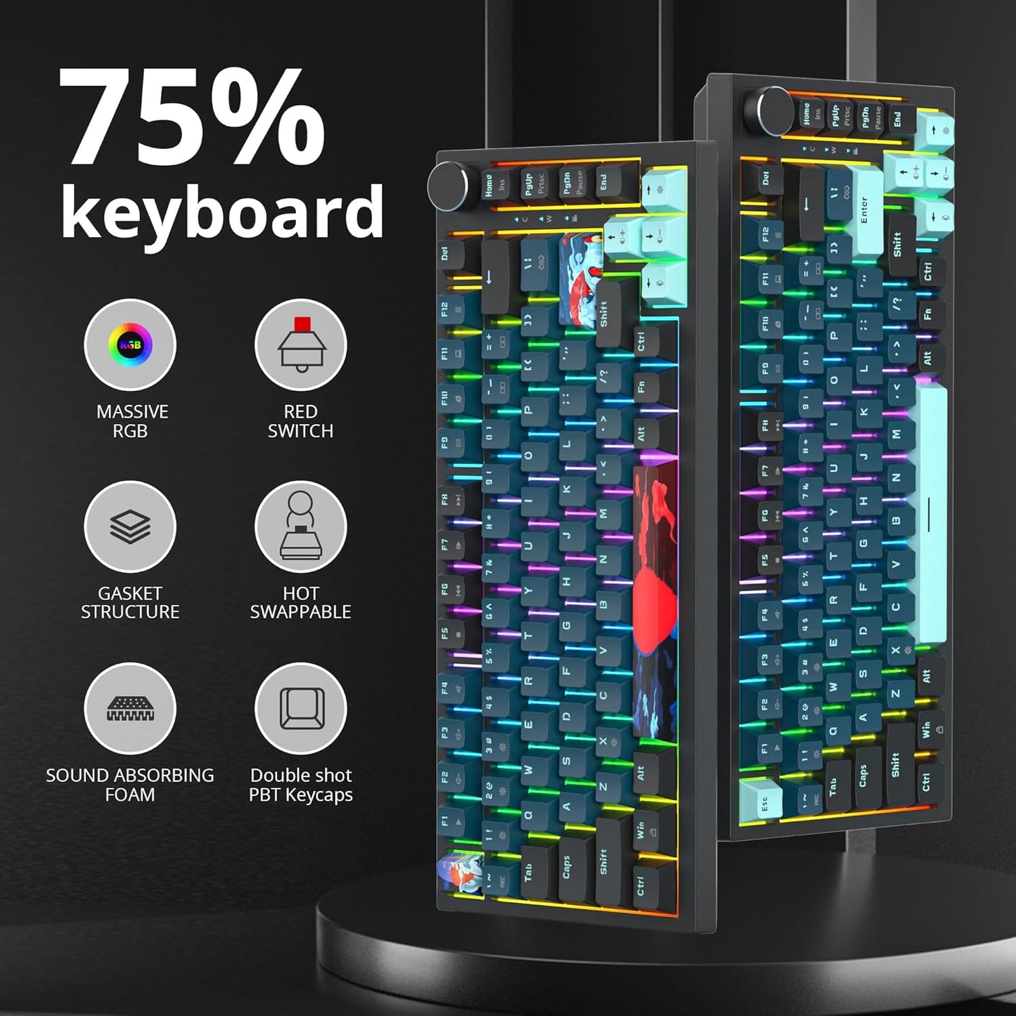 75 Percent Keyboard Gasket-Mounted with Sound Absorbing Pads, 82-Key Compact Wired RGB Mechanical Gaming Keyboard Hot-Swap Socket for Win, Monster-B