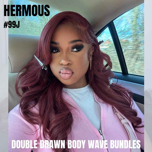HERMOUS 13A Double Drawn 99J Dark Burgundy 3 Bundles Body Wave Human Hair, Double Lifespan Than Regular Hair, Keep Silky And Soft After Washes Colored #99J Wine Cheery Red Bundles Raw Hair 12 14 16 IN