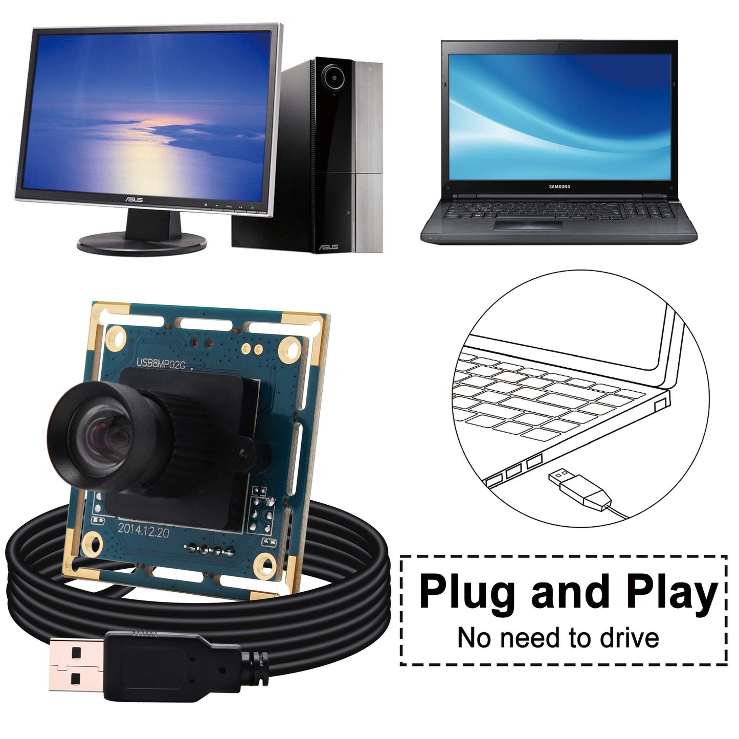 8mp USB Camera Module for Computer Wide Angle PC Camera 75degree No Distortion Lens Webcam Board Mini UVC USB2.0 Lightburn Camera IMX179 USB with Camera 4K USB Security CCTV Camera for Raspberry Pi