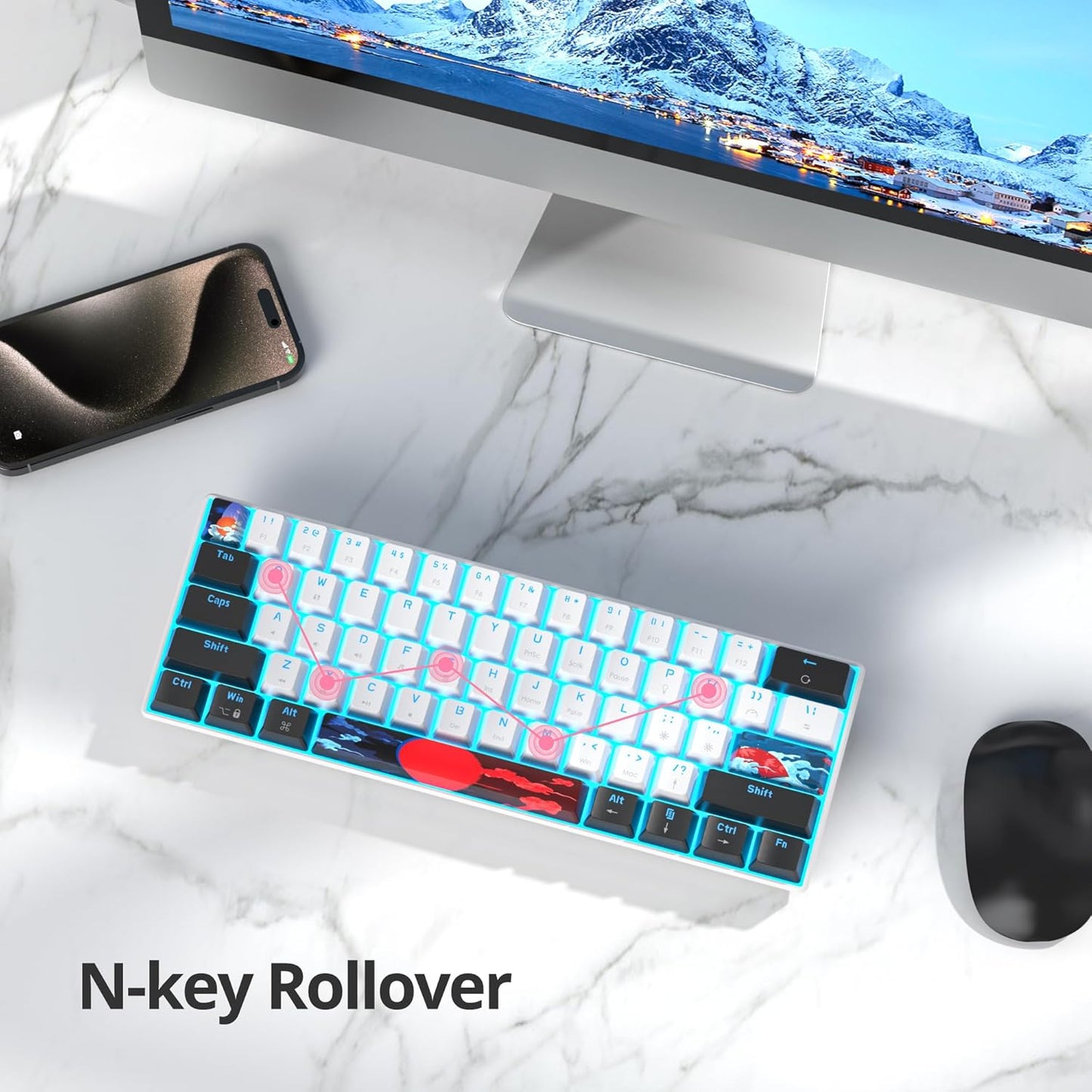 60 Percent Gaming Keyboard 68 Keys Mechanical Keyboard LED Backlit Compact Wired Keyboard with Red Switch for Windows PS4/5 Xbox Gamer(Black-White)