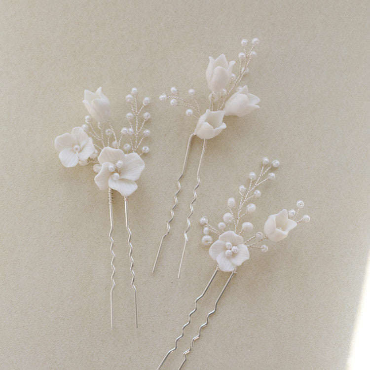Ceramic Flower Hair Fork Set for Bridal Hair Accessories - Gold & Silver