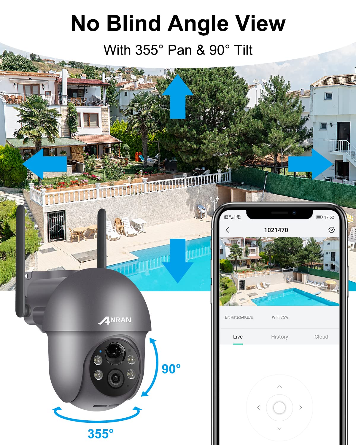 ANRAN 5MP Security Cameras Wireless Outdoor, Solar Camera Wireless with 360° View for Home Surveillance, WiFi Camera with Spotlights, PIR Detection, Color Night Vision, Siren Alarm, Q1 Max Grey