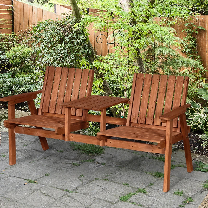 Wooden Patio Bench with Middle Table & Umbrella Hole - Orange