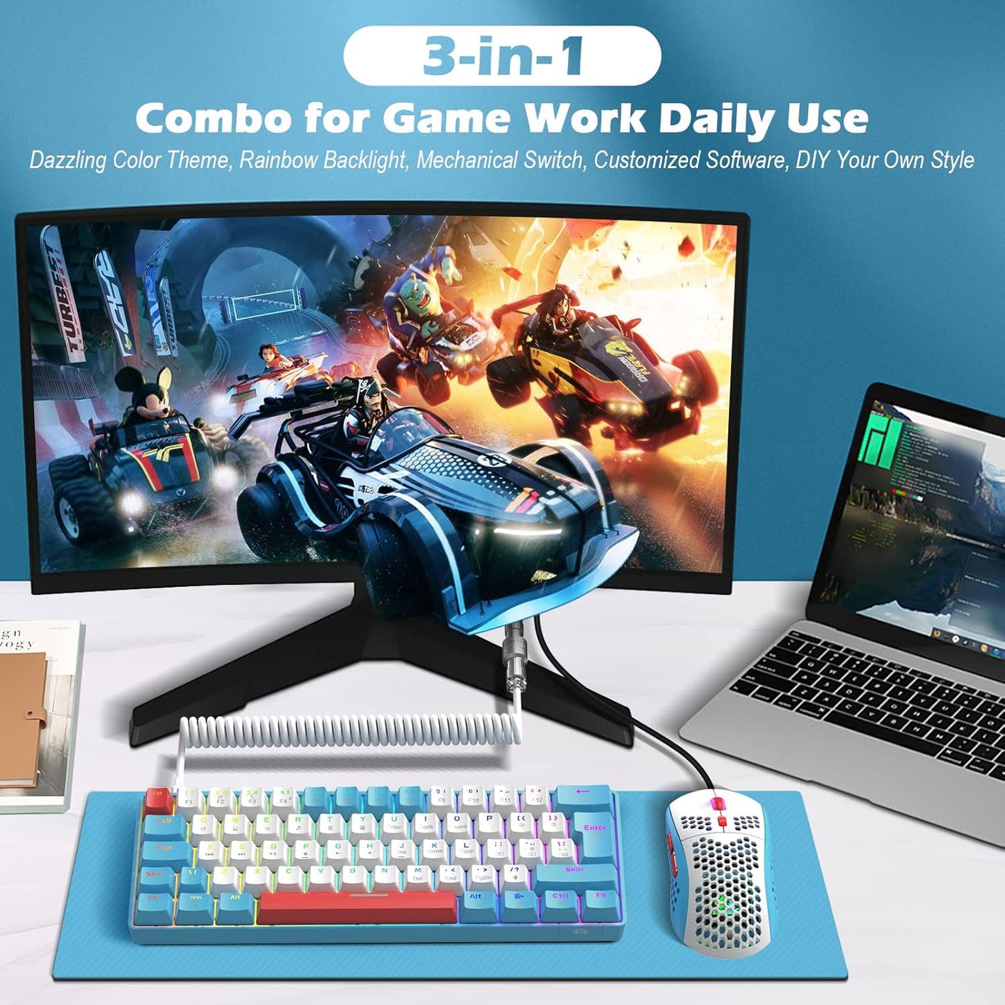 ZIYOU LANG RK-T60 Wired Mechanical Gaming Keyboard and Mouse Combo Portable with Rainbow Backlit 62Key NKRO 6400DPI RGB Honeycomb Mice Coiled Aviator Cable for PS4/PC/WIN Gamer(Light Gray/Red Switch)