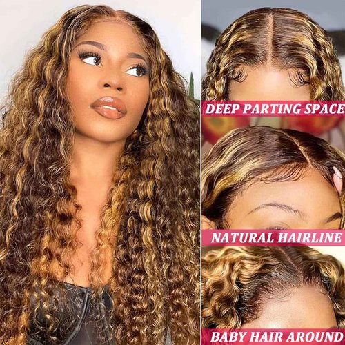 DOSYVI Ombre Lace Front Wig Human Hair 180% Density 4/27 Honey Blonde 13x6 Deep Wave Lace Front Wigs Wet and Wavy Curly Glueless Wigs Human Hair Pre Plucked with Baby Hair(Highlight, 24 Inch)