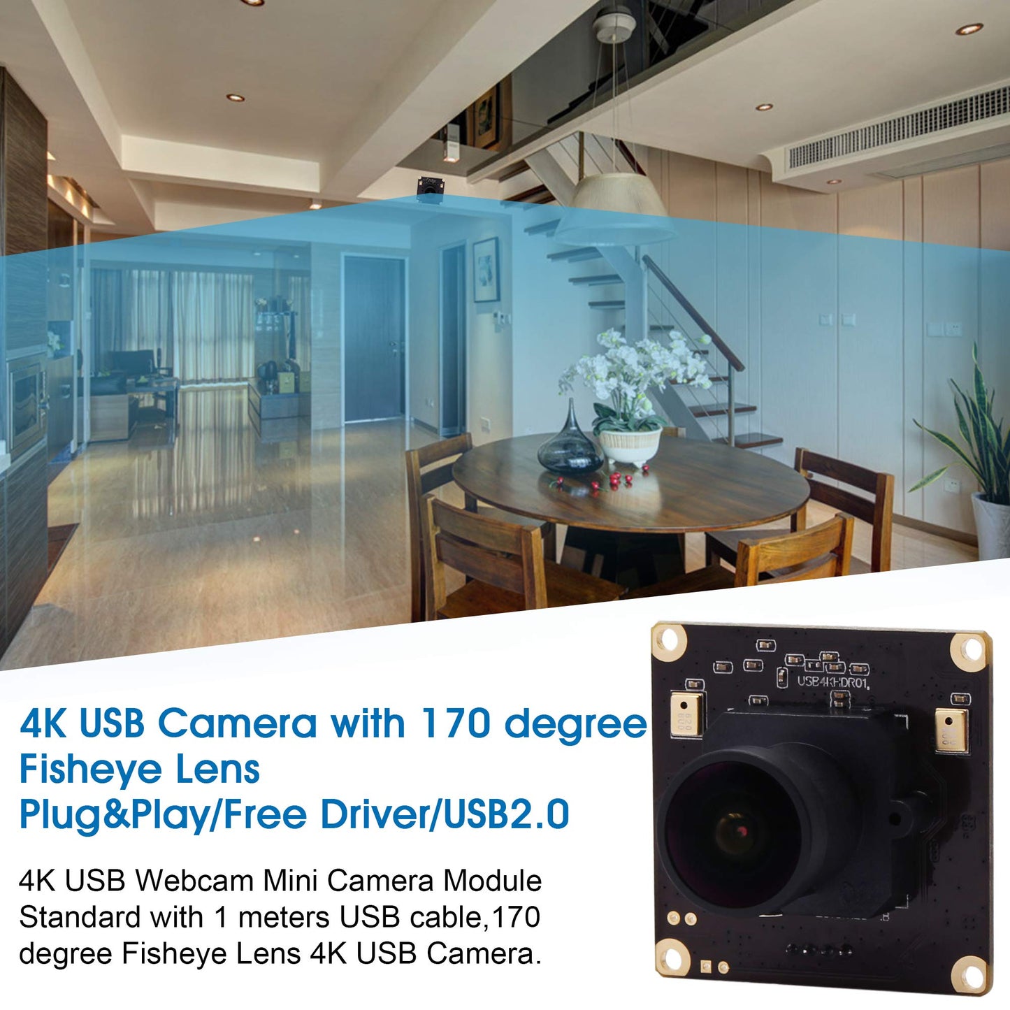 4K USB Camera Module Wide Angle with Microphone 170degree Fisheye Lens Audio Video Webcam Board for Computer Mini UVC USB2.0 PC Camera Industrial USB with Camera IMX317 Lightburn Camera