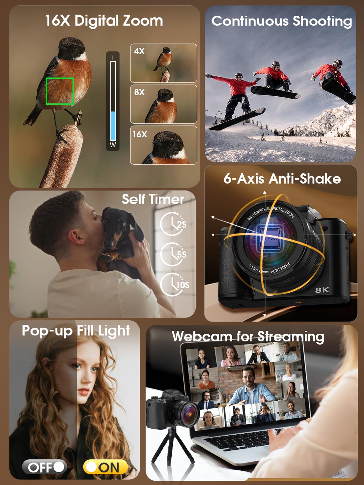 8K Digital Camera, 88MP Cameras for Photography with WiFi & Touch Screen, 16X Zoom Vlogging Camera for YouTube Video, Autofocus & Anti-Shake, Dual Camera, 2 Batteries, 64GB Card, Flash, Lens Hood