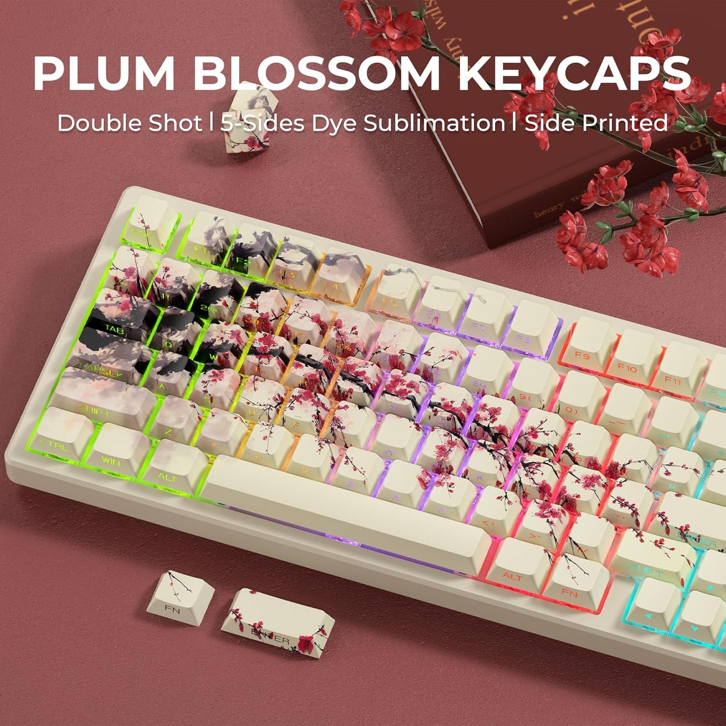 XVX Double Shot PBT Keycaps, Ink Plum Blossoms Keycaps, Side Printed Shine Through Keycap Sets, Cherry Profile Keyboard Caps with Dye Sublimation Suitable for MX Switches Mechanical Keyboard