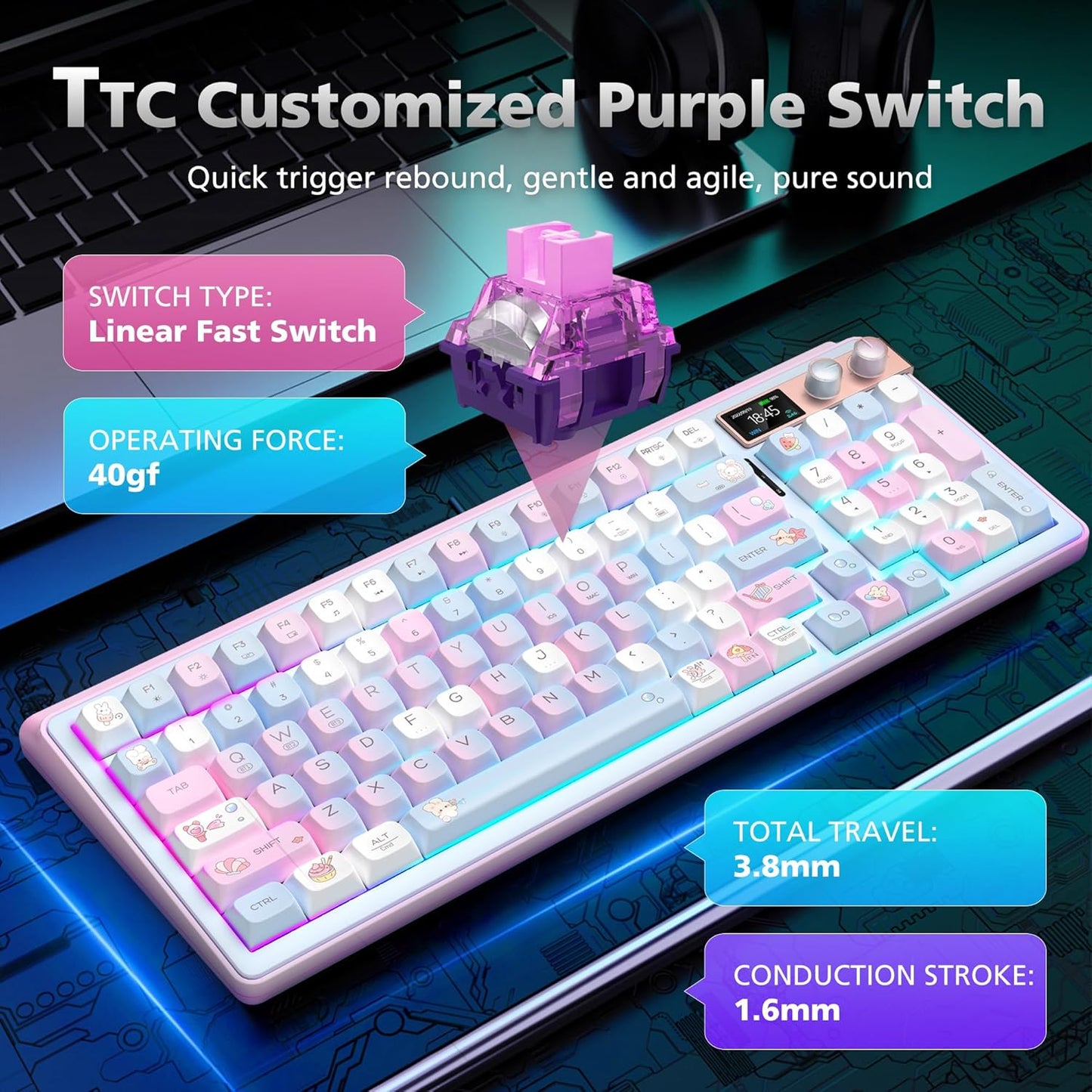 98% Mechanical Gaming Keyboard,96 Keys Full Key Rollover Wireless Keyboard Hot Swappable Gasket Structure,Bluetooth,2.4GHz,USB-A to C 3-Mode,with Screen,RGB,PBT Keycaps,for PC Laptop (Black)