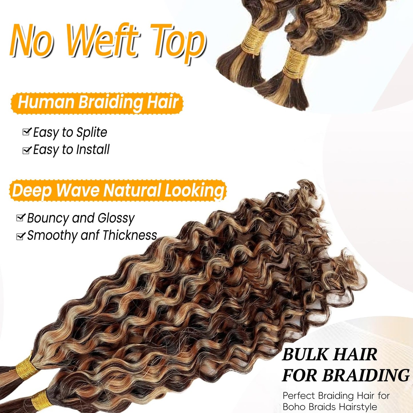 Human Braiding Hair Deep Wave Bulk Human Hair for Braiding 4/27 Honey Blonde No Weft Curly Braiding Hair Extensions for Boho Braids Wet and Wavy Braiding Human Hair Bundles 30 Inch 100g