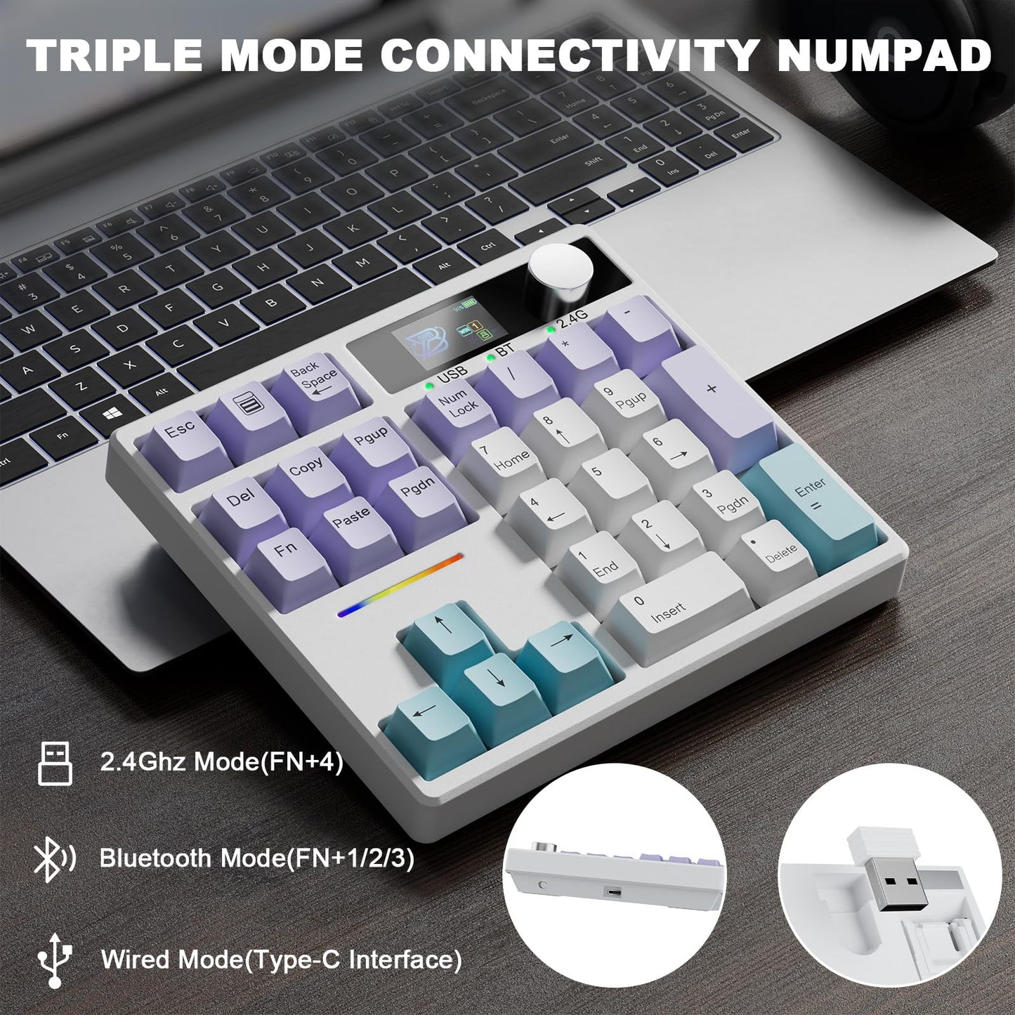 ZMX X BOYI TD31Pro Mechanical Number Pad,30 Keys Hot Swap Wireless BT5.0/2.4GHz/Type-C Wired Numeric Keypad Programmable RGB Gaming Numpad Keyboard with Knob Screen for Laptop/Mac (White-Purple)
