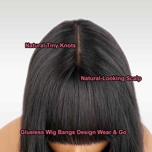 ISEE HAIR Bob Straight Wig with Bangs Human Hair Glueless Wig Ready to Go Human Hair Wigs For Women 180 Density (Straight, 14 Inch)
