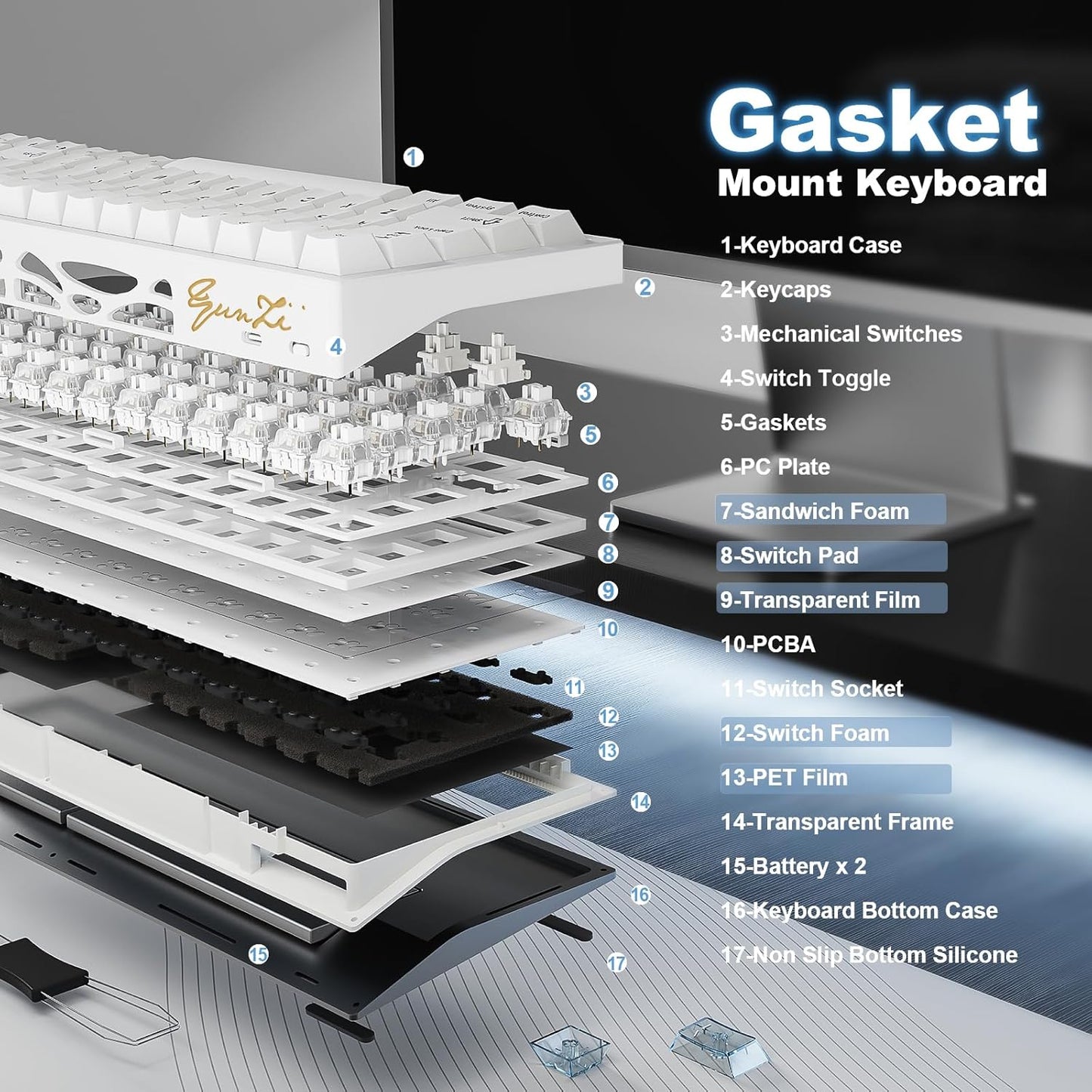 YUNZII AL65 Wireless Mechanical Keyboard, Full Aluminum CNC,Support QMK/VIA Software Gasket Structure,60% Hot Swappable with RGB Backlit BT/2.4G/USB-C for Mac/Windows(Black, Milk V2)