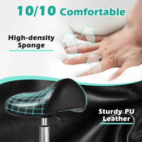 Ergonomic Saddle Stool with wheels - Upgraded Thicker Leather Seat Cushion, Healthy Posture Correction, Silky Smooth Gliding, Adjustable Rolling Saddle Stool Chair for Salon Medical Massage, Black