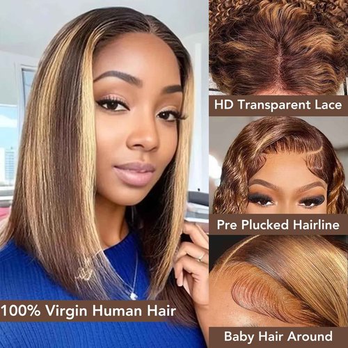 Nopxam Highlight 4/27 Bob Wig Human Hair 13x4 HD Transparent Lace Front Wigs Human Hair 180% Density Short Bob Glueless Straight Wigs Human Hair for Women 16 Inch