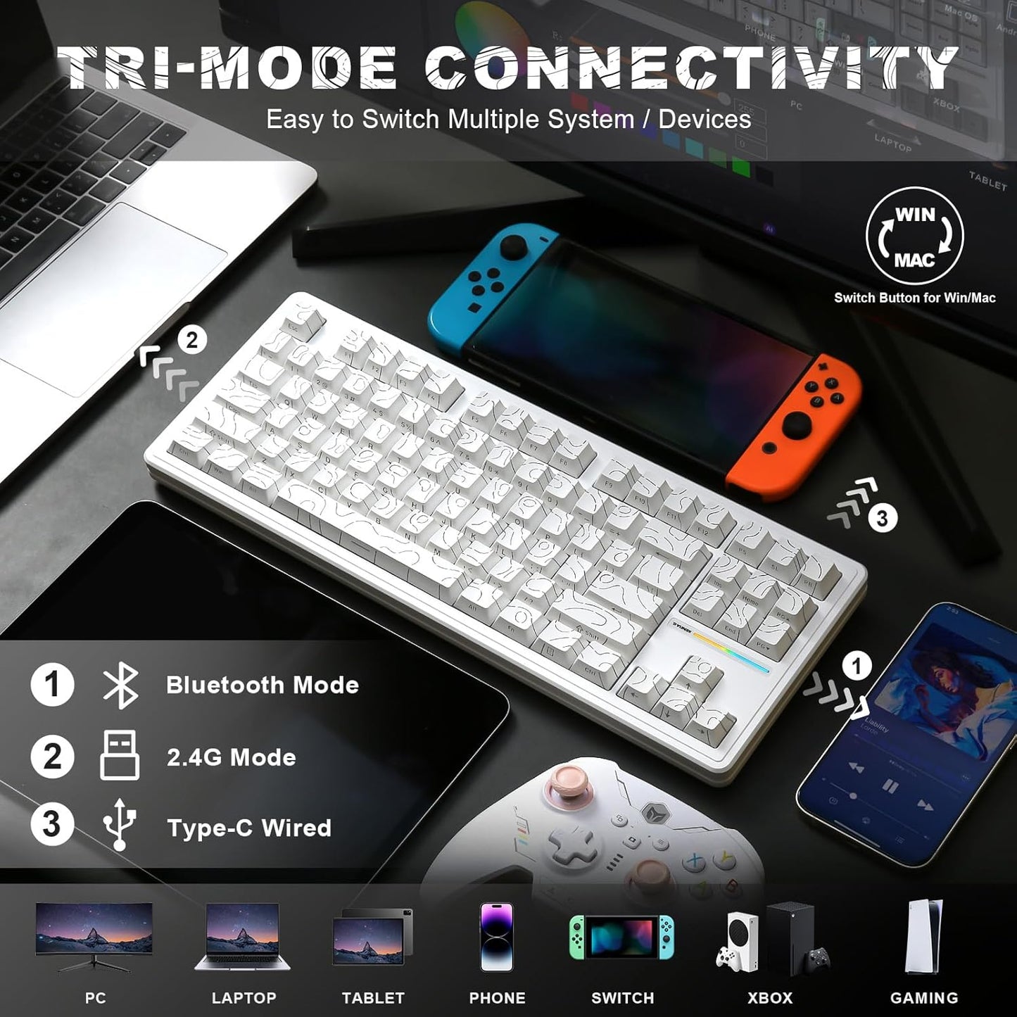 YUNZII YZ87 Gasket Mechanical Keyboard,TKL Wireless Hot Swappable with 5-Layer Padding, BT5.0/2.4G/USB-C NKRO RGB Backlit for Win/Mac(White, Milk Switch)