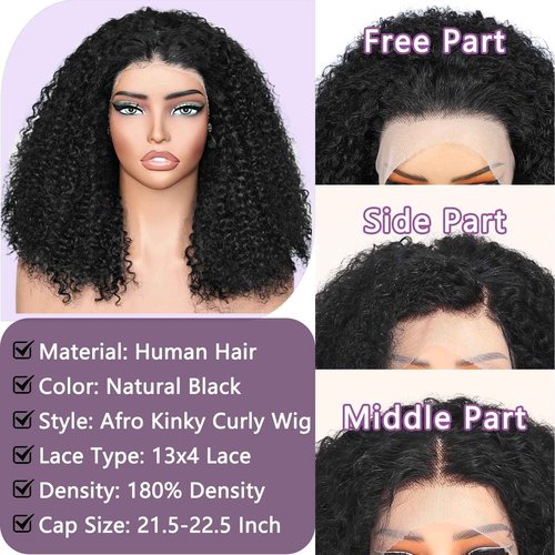 UREMY Afro Kinky Curly Wig Human Hair, 13x4 Lace Front Curly Afro Glueless Wigs 180 Density, Pre Plucked Transparent Lace Frontal, Brazilian Human Hair Bob Wig for Women, Natural Black 18 Inch