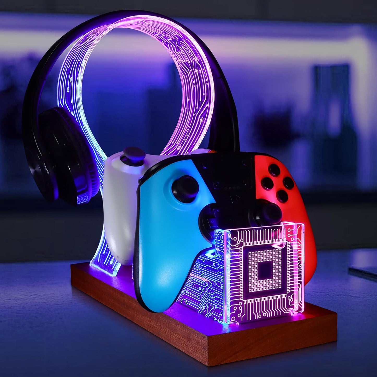 YuanDian Gamer Gifts for Teenage Boy, Desk Gaming Headset and Controller Stand with Blue Pink LED Night Light, Acrylic Wooden Controller Holder with PCB Pattern, Desk Decor Gift