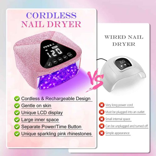 NXJ INFILILA UV Light for Gel Nails, 54W Cordless Nail Lamp, Pink Rhinestone Rechargeable Nail Lamp, Bling Wireless Fast Curing Dryer Professional Quick Dry for Salon & Home
