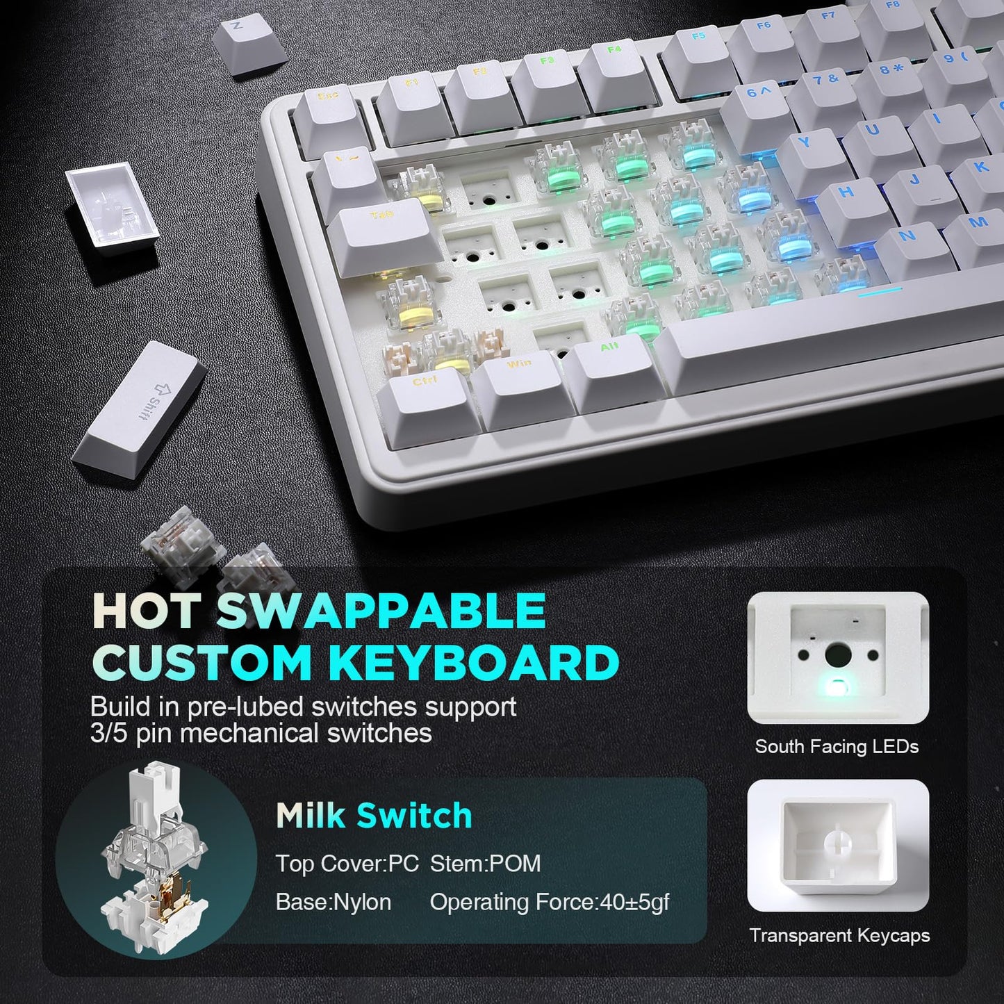 YUNZII B75 Mechanical Keyboard,75% Layout with Knob,Hot Swappable RGB Backlit Gasket Mounted, Creamy Typing, Double-Shot PBT Keycaps,Cherry Profile,for Win/Mac (White, Milk V2 Linear Switch)