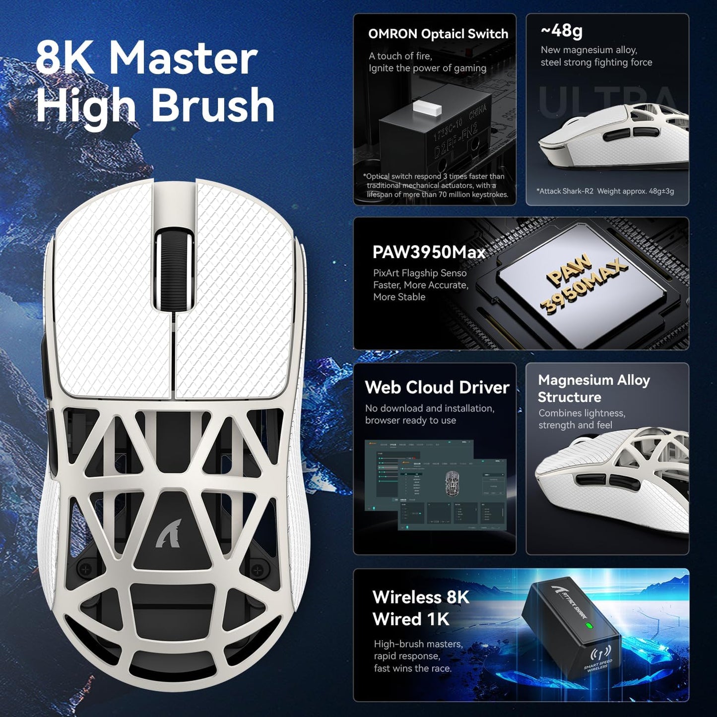 ZIYOU LANG x Attack Shark R2 Wireless Gaming Mouse, Ultra Lightweight Magnesium Alloy, PAW3950 42000 DPI Optical Sensor, 8KHz Polling Rate, BT/2.4G/Wired Programmable Mice with Grips Sticker (Black)