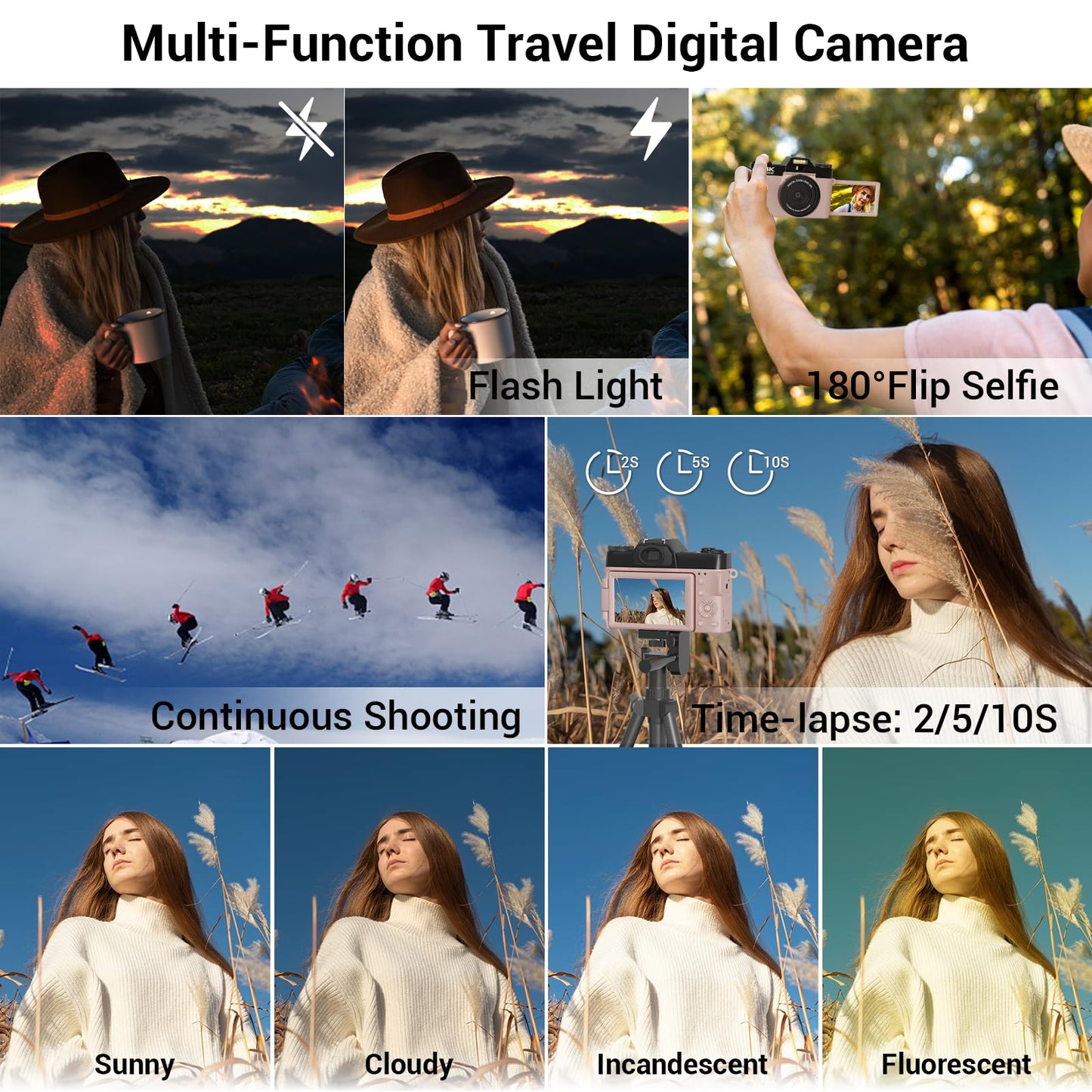 4K Digital Camera for Photography, 75MP WiFi Vlogging Video Camera for Youtube with 3'' 180°Flip Screen, 64GB SD Card, 16x Digital Zoom, 2 Batteries, Point and Shoot Digital Camera for Beginner (Pink)