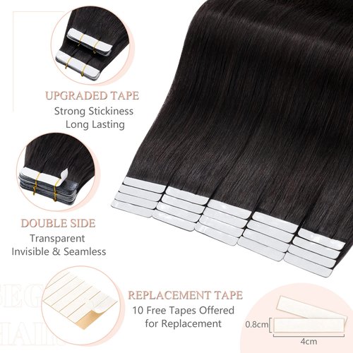 SEGO Tape in Hair Extensions Human Hair 18 Inch 100g 40pcs Natural Straight 100% Remy Rooted Seamless Skin Weft Invisible Double Sided Tape Hair for Women-Natural Black