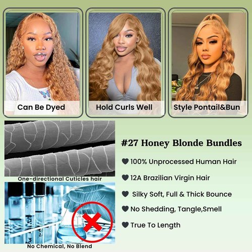 ALHER Color #27 Honey Blonde Single Bundle Body Wave 24 Inch, Blonde Bundles Human Hair Sew In Weave Wavy Bundles for Black Women, 12A 100% Unprocessed Brazilian Virgin Remy Hair Soft Thick