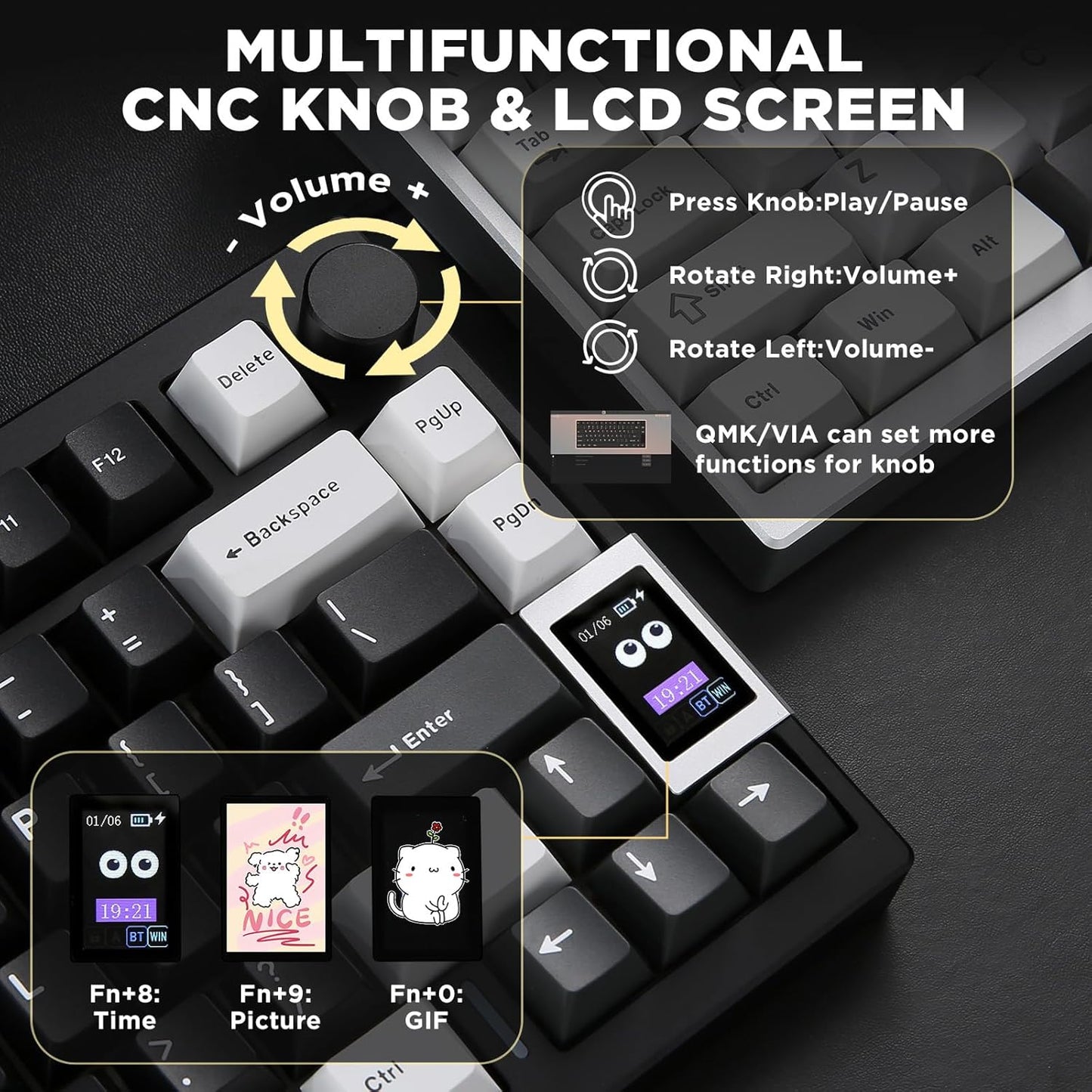 YUNZII AL80 Wireless Mechanical Keyboard,Full Aluminum CNC, Smart LCD Display,Hot Swappable Gasket Mount 75% Layout with Knob,BT/2.4G/USB-C,QMK/VIA Support for Win/Mac (Silver, Gateron Zero Switch)